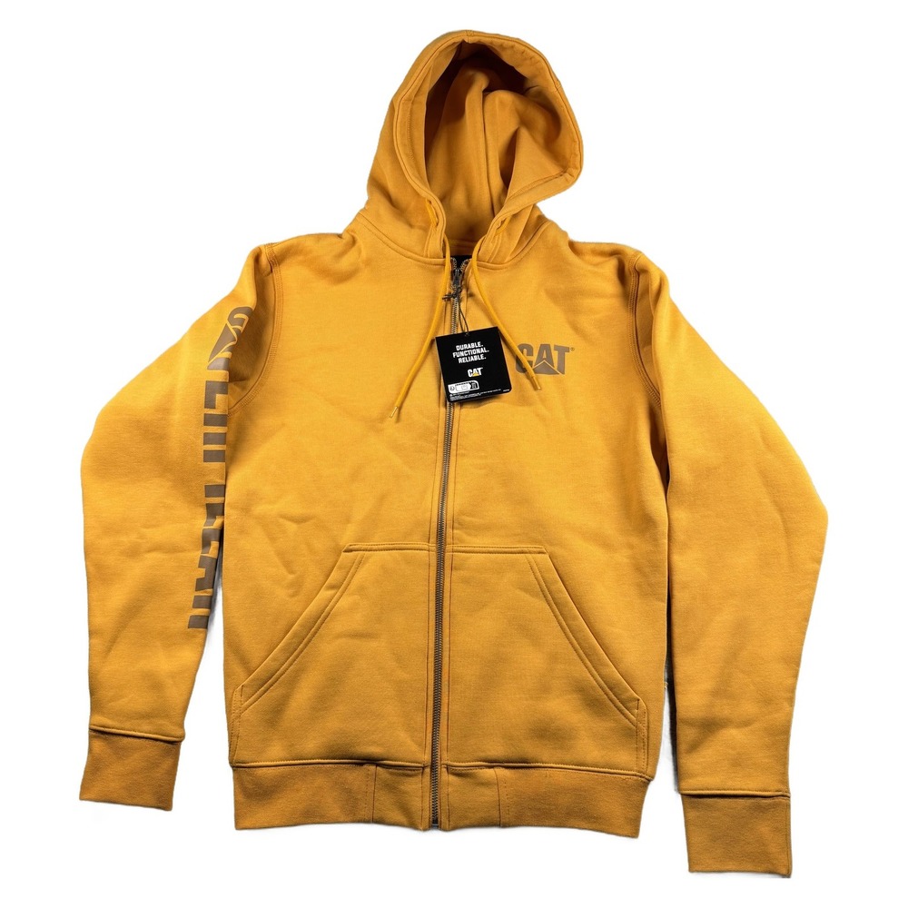 CAT Caterpillar Full Zip Hoodie Mens S Mustard Yellow Chest & Sleeve Logo NWT
